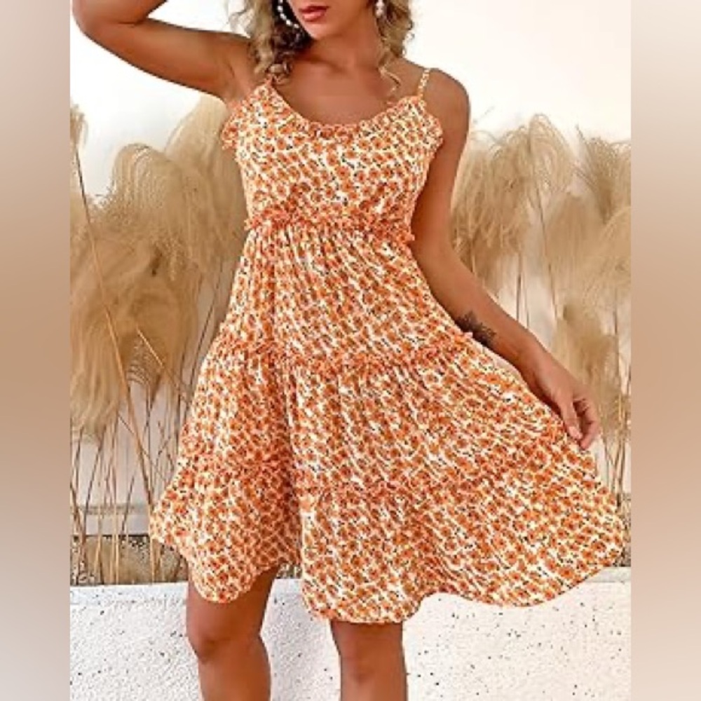 Angel Biba Orange Floral Tiered Mini Dress Small